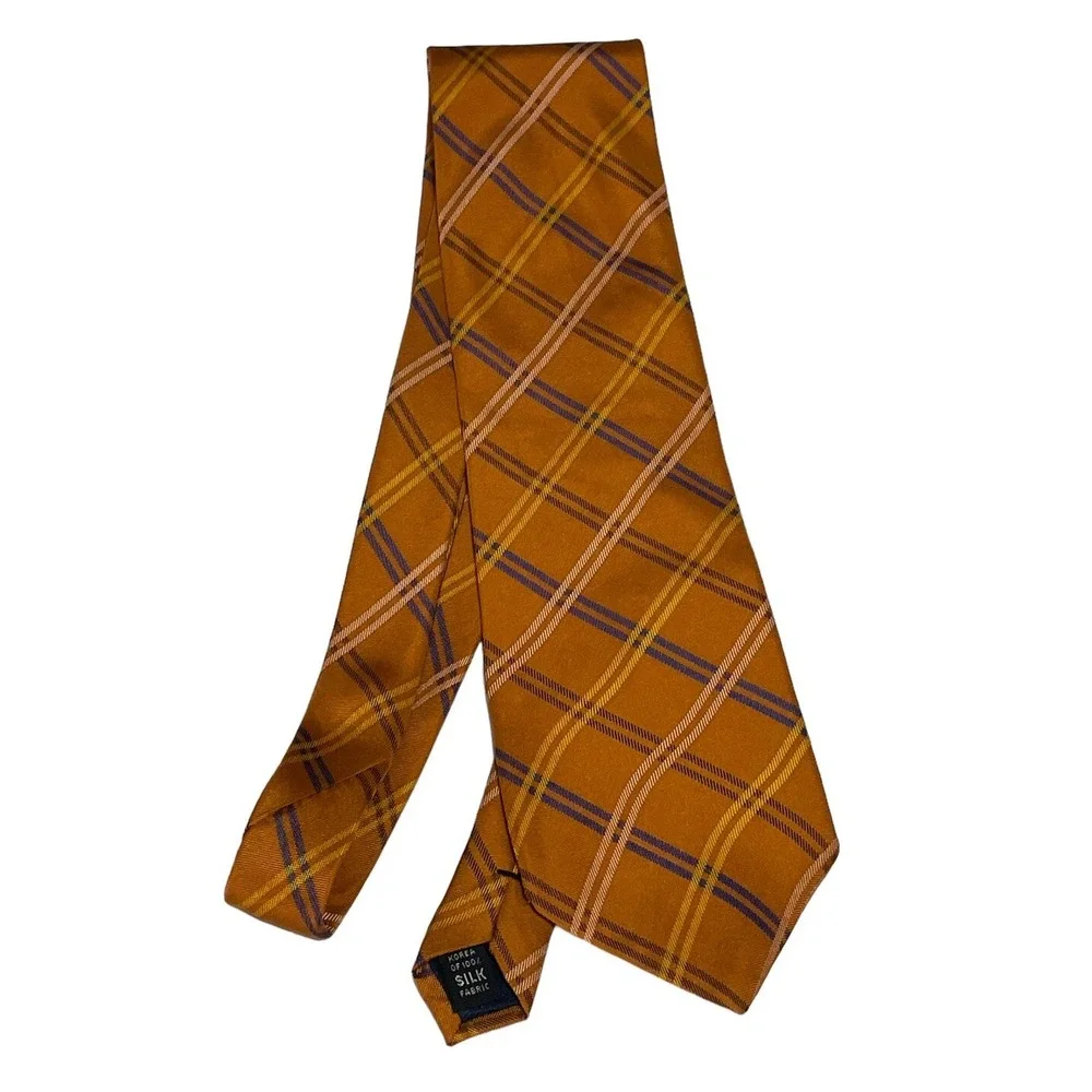 Nautica 100% Silk Tie Orange Navy Plaid Classic Preppy EUC Fast Shipping